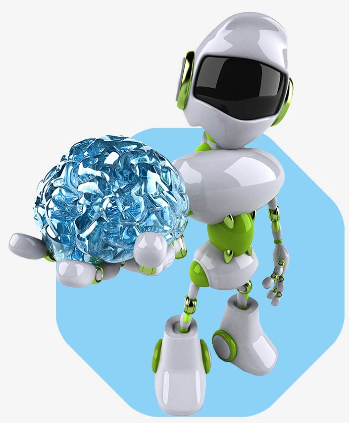 Roboter hält künstliches Gehirn in der Hand. Er symbolisiert den AI Builder.
