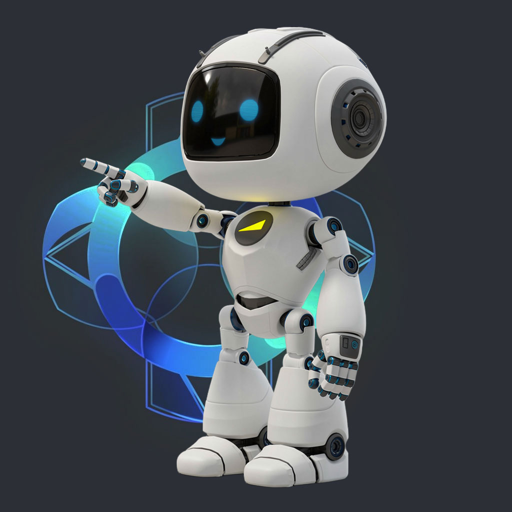 zeigender Roboter winkt freundlich lächend mit leuchtendem awisto Swush auf der Brust für Dynamics CRM & Prozesse
