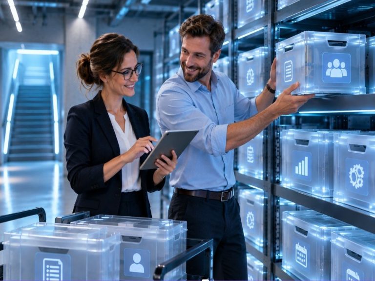 News Bild zur Langzeitarcivierung von CRM-Daten sind 2 Kollegen im Datenkeller und verräumen DAten in digitale Boxen